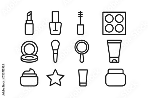 Cosmetic Essentials Icons. Cosmetic essentials. Line icon set of cosmetic essentials: lipstick, nail polish, mascara wand, eyeshadow palette, blush compact,
