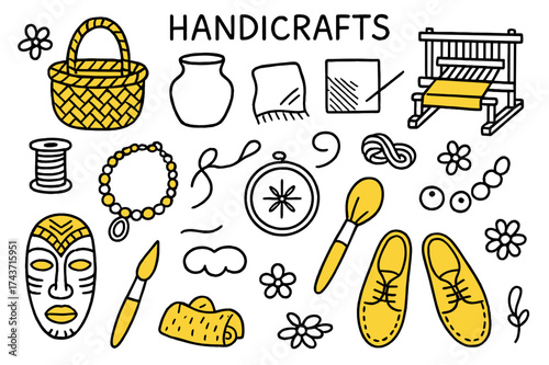 Colorful Handicraft Icons. Handicrafts. Hand-drawn doodle illustration basket (colored), pottery, weaving loom (colored), fabric, jewelry (colored), embroidery