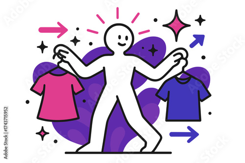 Stylish Outfit Choice. Outfit decision. A glowing figure with two hangers in each hand, abstract floating arrows, sparkles, and stars symbolizing choice and