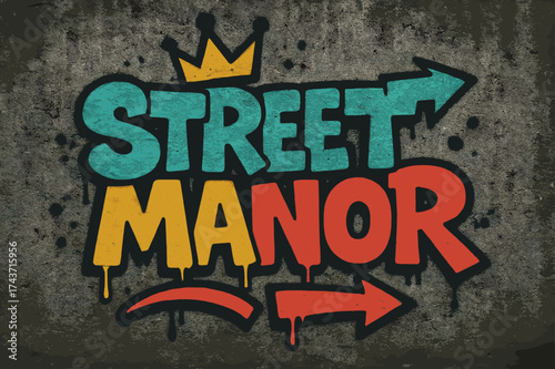 Street Manor Graffiti. Street Manor ? Graffiti Simplified, chunky tilted bubble letters with dripping outlines, arrows and crown accents, flat spray fills,