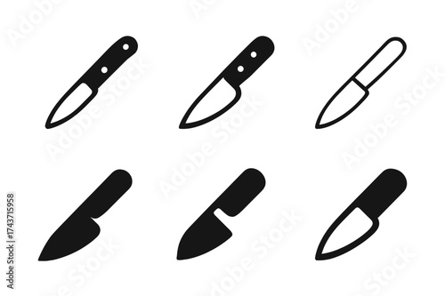 Paring Knife Logos. Kitchen knife. Set Logo of paring knife: Stylized detail, Iconic shape, Minimal outline, Flat solid, Abstract geometric, Negative space.