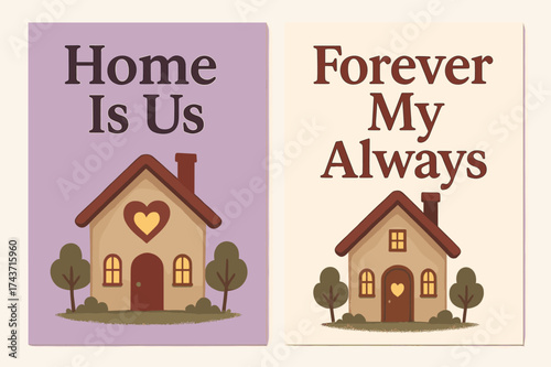 Home Is Us Banners. Home. Two vertical A6 banners, bold, lavender and cream backgrounds, cozy house with heart-shaped window and warm light, first banner with