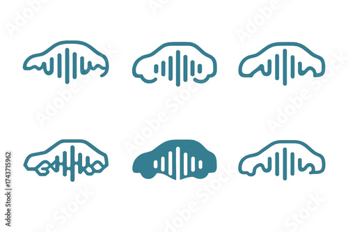AI Car Logo Variations. In-car voice assistant prompt. Set Logo of AI wave: futuristic sound wave integrated with car outline. harmonious logo variations of