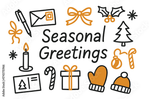 Festive Greeting Icons. Seasonal Greetings. Hand-drawn doodle illustration seasonal greetings greeting card (accented), pen, envelope, stamp (accented),