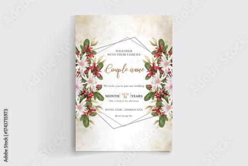 WEDDING INVITATION FRAME WITH FLOWER DECORATIONS AND FRESH LEAVES