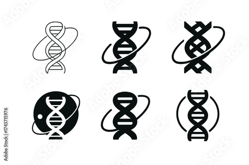 Space DNA Logos. Genetic engineering for space colonization. Set Logo of DNA strand: double helix combined with planet orbit. harmonious logo variations of the