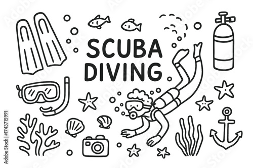 Scuba Diving Adventure. Scuba Diving. Hand-drawn doodle illustration scuba diving diver, fins, mask, snorkel, scuba tank, coral reef, fish, starfish, bubbles,