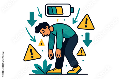 Battery Draining Worker. Energy drain. Glowing battery icon above exhausted worker slowly depleting. Floating arrows downward and warning icons showing