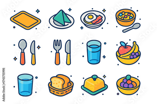 Daily Meals Icons. Daily Meals. Colorful isometric vector icons set of Daily Meals: placemat, napkin, breakfast plate, cereal bowl, spoon, fork, knife, coffee