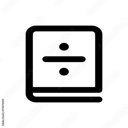 Black division symbol inside a rounded rectangle with a book like shape on a white background view
