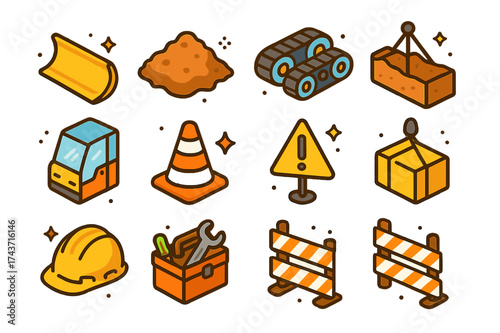 Earthmoving Icon Set. Earthmoving. Colorful isometric vector icons set of earthmoving: bulldozer blade, dirt pile, tracked wheels, excavated trench, operator