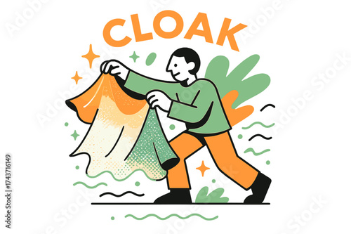Invisible Glowing Cloak. Invisible cloak. A figure holding a glowing cloak that dissolves into transparency, floating sparkles and waves emphasize transition.