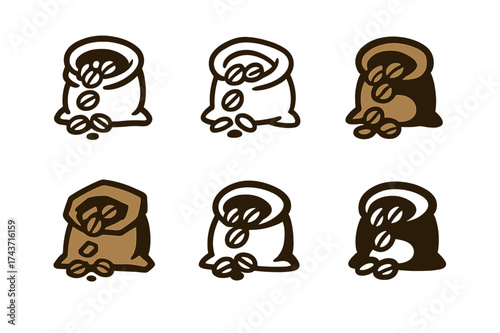 Coffee Beans Logos. Sacks of coffee beans. Set Logo of Coffee: open sack with beans spilling. harmonious logo variations of the same emblematic concept, each