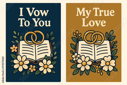 Wedding Vow Banners. Vows. Two vertical A6 banners, cartoon, navy and gold backgrounds, open vow book with rings and floral accents, first banner with text "I