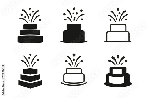 Surprise Cake Logos. Unveiling a Surprise Cake. Set Logo of Surprise Cake: exploding confetti cake. harmonious logo variations of the same emblematic concept,