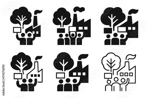 Environmental Justice Logos. Environmental justice. Set Logo of Environmental justice: Factory with tree protest (people and signs). harmonious logo variations