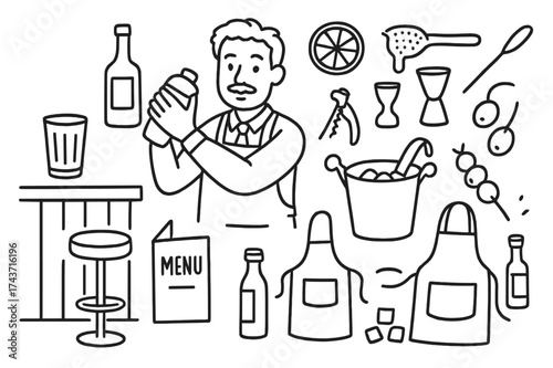 Bartender Tools Sketch. Bartender. Hand-drawn doodle illustration bartender cocktail shaker, bottle, mixing glass, bar spoon, ice bucket, jigger, strainer,