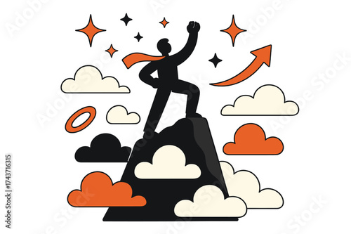 Above the Clouds. Above the clouds. A figure standing on a cliff peak surrounded by stylized floating clouds, glowing stars above. A surreal, uplifting scene.