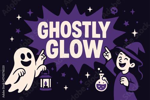 GhostlyGlow Celebration Banner. GhostlyGlow banner, flat vector illustration, bold oversized text inside splash explosion shape, cartoon characters pointing