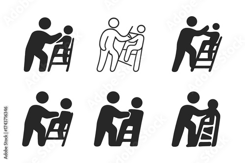 Startup Mentorship Logos. Business mentoring and guidance for startups. Set Logo of Business mentoring and guidance for startups: mentor guiding a ladder.