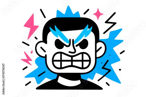 Furious Geometric Expression. Angry Expression. A face with glowing sharp eyebrows and clenched teeth, abstract floating sparks and jagged lines around. Modern