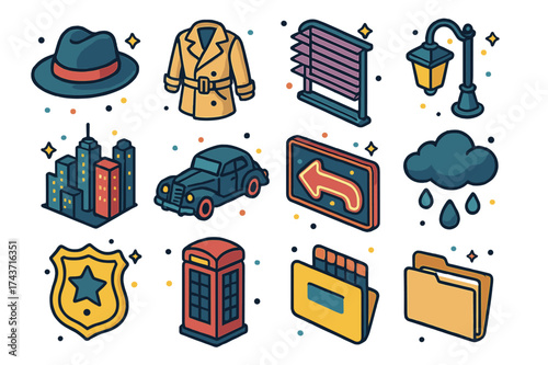 Noir Vector Icons. Noir Thriller. Colorful isometric vector icons set of noir thriller: fedora hat, trench coat, venetian blinds, streetlamp, city skyline,