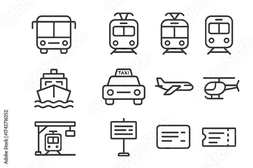 Public Transport Icons. Public transport. Line icon set of Public transport: bus, train, tram, metro, ferry, taxi, airplane, helicopter, station, platform,