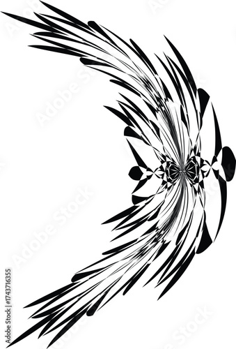 a stylized graphic resembling an abstract wing or a feather-like design, possibly intended as a tattoo design or a piece of digital art. It features flowing lines and shapes in black and white, creati
