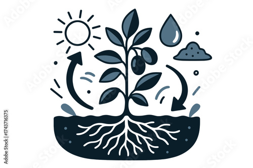 Nature's Vibrant Balance. Life connection. Plant standing tall, roots glowing underground, fruits hanging above. Floating sun, water, and soil icons completing