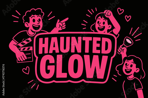HauntedGlow Celebration Banner. HauntedGlow banner, flat vector illustration, bold oversized text inside sticker outline shape, cartoon characters pointing and