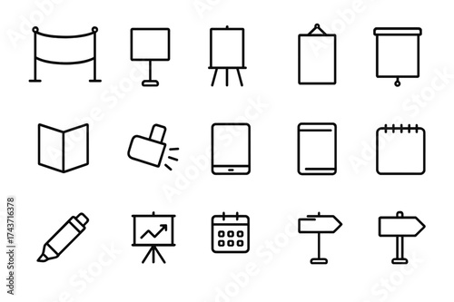 Event Display Icons. Event display. Line icon set of event display: banner, display board, easel, poster, brochure, spotlight, tablet, notebook, marker, chart,