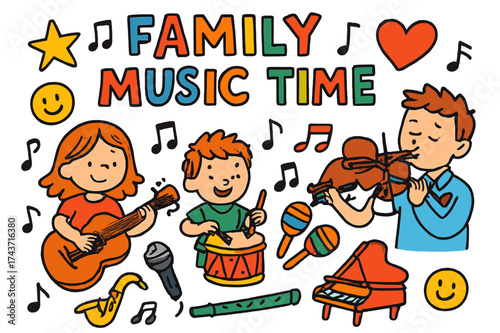 Family Music Doodle. Family Music Time. Colorful Hand-drawn doodle Children illustration guitar, drum, piano, trumpet, violin, microphone, tambourine, flute,