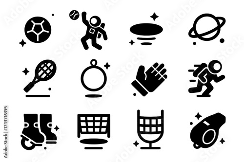 Zero-Gravity Sports Icons. Zero-gravity sports. Solid icons set of zero-gravity sports: floating ball, astronaut dunk, hover disc, spinning sphere, levitating