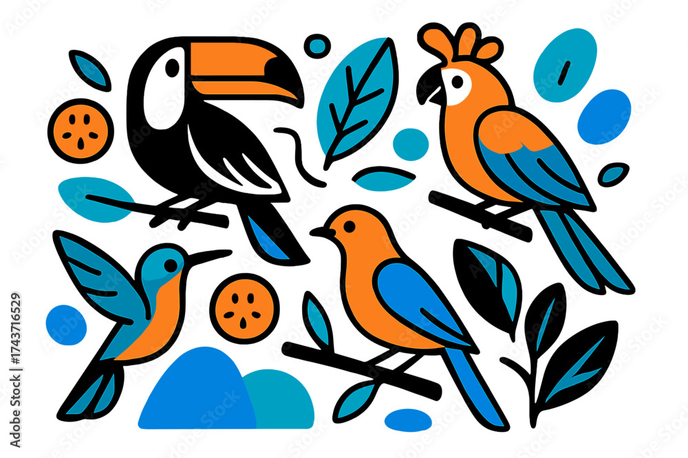 Fototapeta premium Vibrant Tropical Birds. Tropical Birds. Bright exotic birds sitting on stylized branches, abstract fruits and leaves floating around them. Joyful and vibrant.