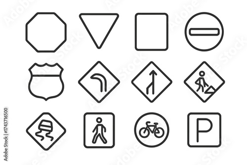 Outline Road Sign Icons. Road signs. Line icon set of Road signs: stop sign, yield sign, speed limit sign, no entry sign, highway shield, curve sign, merge