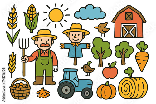 Harvest Doodle Illustrations. Harvest. Colorful Hand-drawn doodle Children illustration wheat stalk, corn, pumpkin, basket, tractor, barn, hay bale, apple,