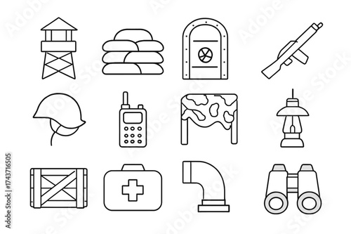 Military Bunker Icons. Military Bunker. Line icon set of Military Bunker: watchtower, sandbags, metal door, rifle, helmet, communication radio, camouflage net,