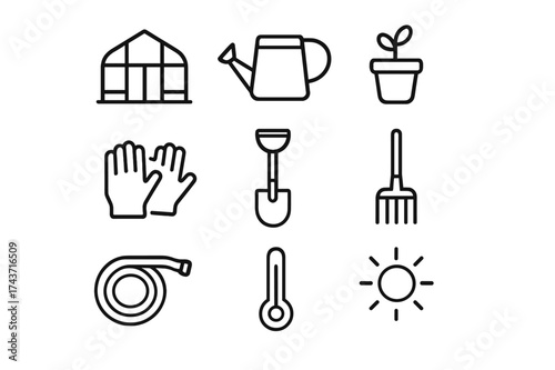 Greenhouse Icon Set. Greenhouse maintenance. Line icon set of greenhouse maintenance: greenhouse, watering can, potted plant, gardening gloves, shovel, rake,