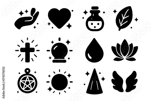 Magical Healing Icons. Healing magic spells. Solid icons set of healing hand, glowing heart, potion bottle, herb leaf, shining cross, crystal orb, water