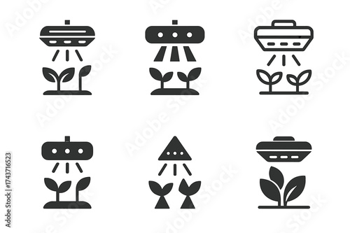 LED Farming Logos. Indoor farming with LED lighting. Set Logo of LED lamp: overhead grow light shining on plants. harmonious logo variations of the same