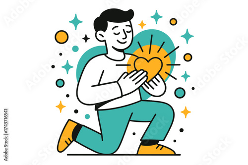 Radiant Grateful Heart. Grateful heart. A character standing with hands on chest, glowing heart radiating outward, abstract sparkles and circles floating