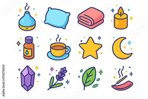 Sleep Aid Icons. Sleep Aid. Colorful isometric vector icons set of sleep aid: diffuser, pillow, blanket, candle, essential oil bottle, tea cup, star, moon,