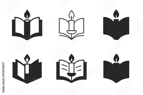 Cozy Reading Logos. Reading by candlelight. Set Logo of Cozy reading: open book with candle. harmonious logo variations of the same emblematic concept, each