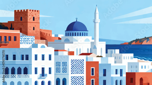 Illustration Of Modern Historic Buildings On The Seafront With A Blue-Domed Mosque In A Mediterranean Atmosphere Vector Design Template