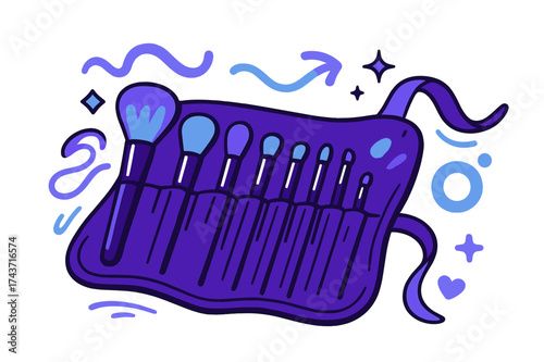 Stylish Makeup Brush Set. Makeup brush roll set. A stylish roll-up pouch unrolled with neatly aligned brushes