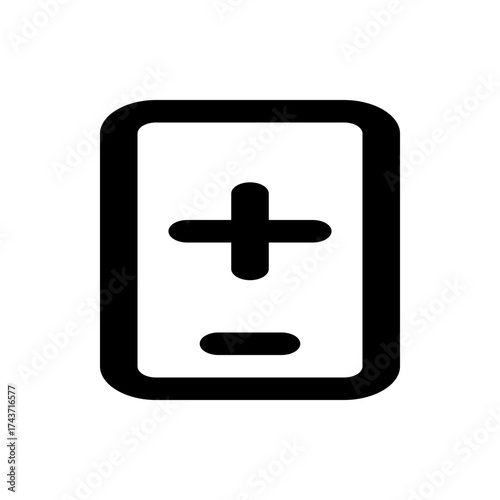 Illustration of a rectangular shape with rounded corners containing a plus and minus symbol vertically aligned