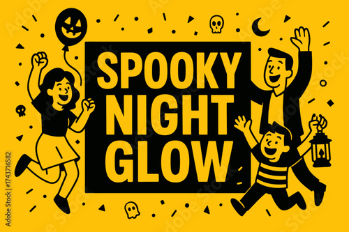 Spooky Night Celebration. SpookyNightGlow banner, flat vector illustration, bold oversized text inside rectangular frame, cartoon characters jumping and