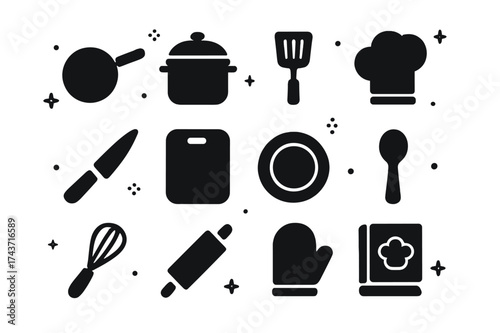 Black Cooking Icons. Cooking. Solid icons set of Cooking: frying pan, cooking pot, spatula, chef hat, knife, cutting board, plate, spoon, whisk, rolling pin,