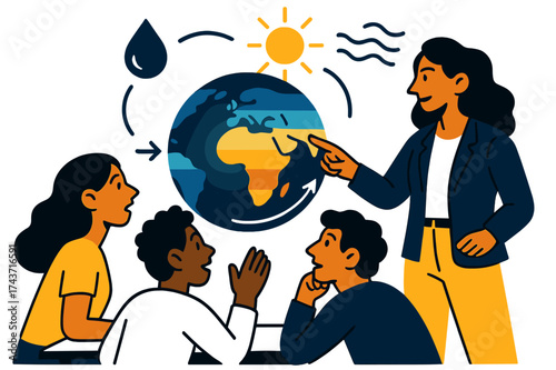 Dynamic Educational Scene. Future-focused lessons. Teacher pointing at glowing globe with climate zones while students listen. Floating icons of water drops,