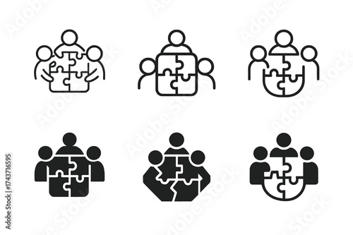 Puzzle Piece Logos. Team brainstorming innovative ideas. Set Logo of puzzle pieces: team members assembling interconnected puzzle. harmonious logo variations